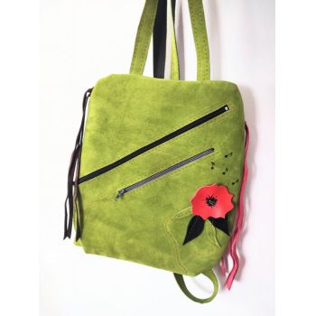 Rucsac olive handmade unicat ,cu mac si note muzicale