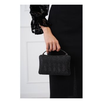 Clutch negru cu strasuri si maner metalic