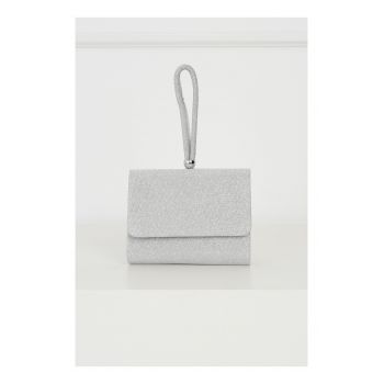 Clutch din material textil si glitter argintiu cu maner lacrima