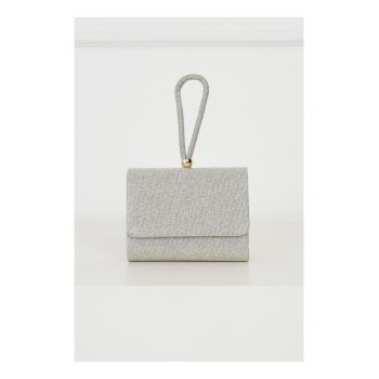 Clutch din material textil si glitter auriu cu maner lacrima