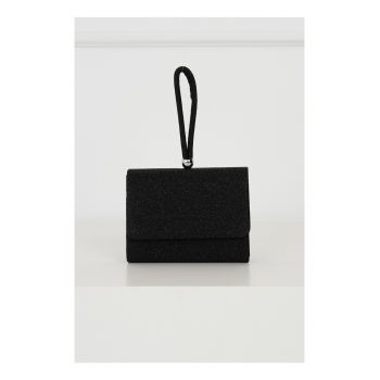 Clutch din material textil si glitter negru cu maner lacrima