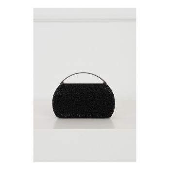 Clutch elagant din strasuri negru cu maner rotund