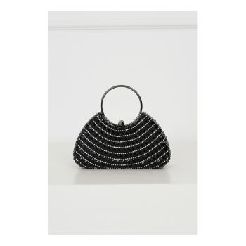 Clutch elegant negru cu strasuri maxi si maner rotund