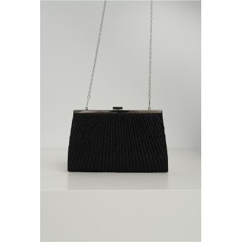 Clutch elegant din lurex negru dreptunghiular