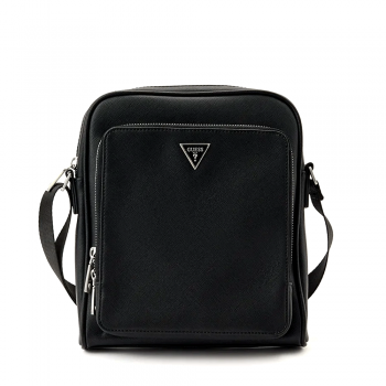 Geantă crossbody bărbați Guess neagră cu logo metalic frontal 929BGEAHMMISAN