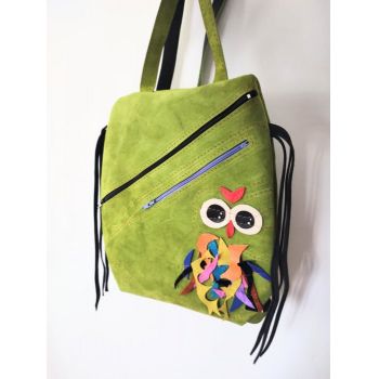 Rucsac olive din piele naturala cu bufnita , unicat