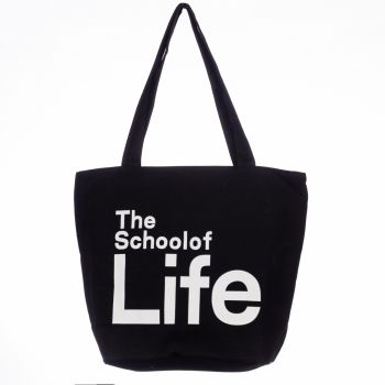 Geanta de umar din bumbac cu fermoar si imprimeu School of Life, neagra