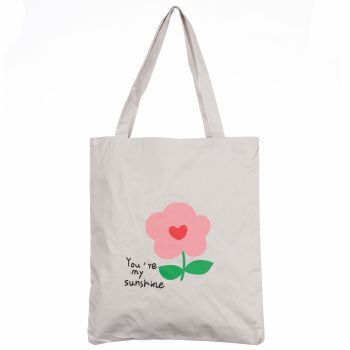 Geanta shopper din material textil, cu imprimeu floare si mesaj You re my sunshine